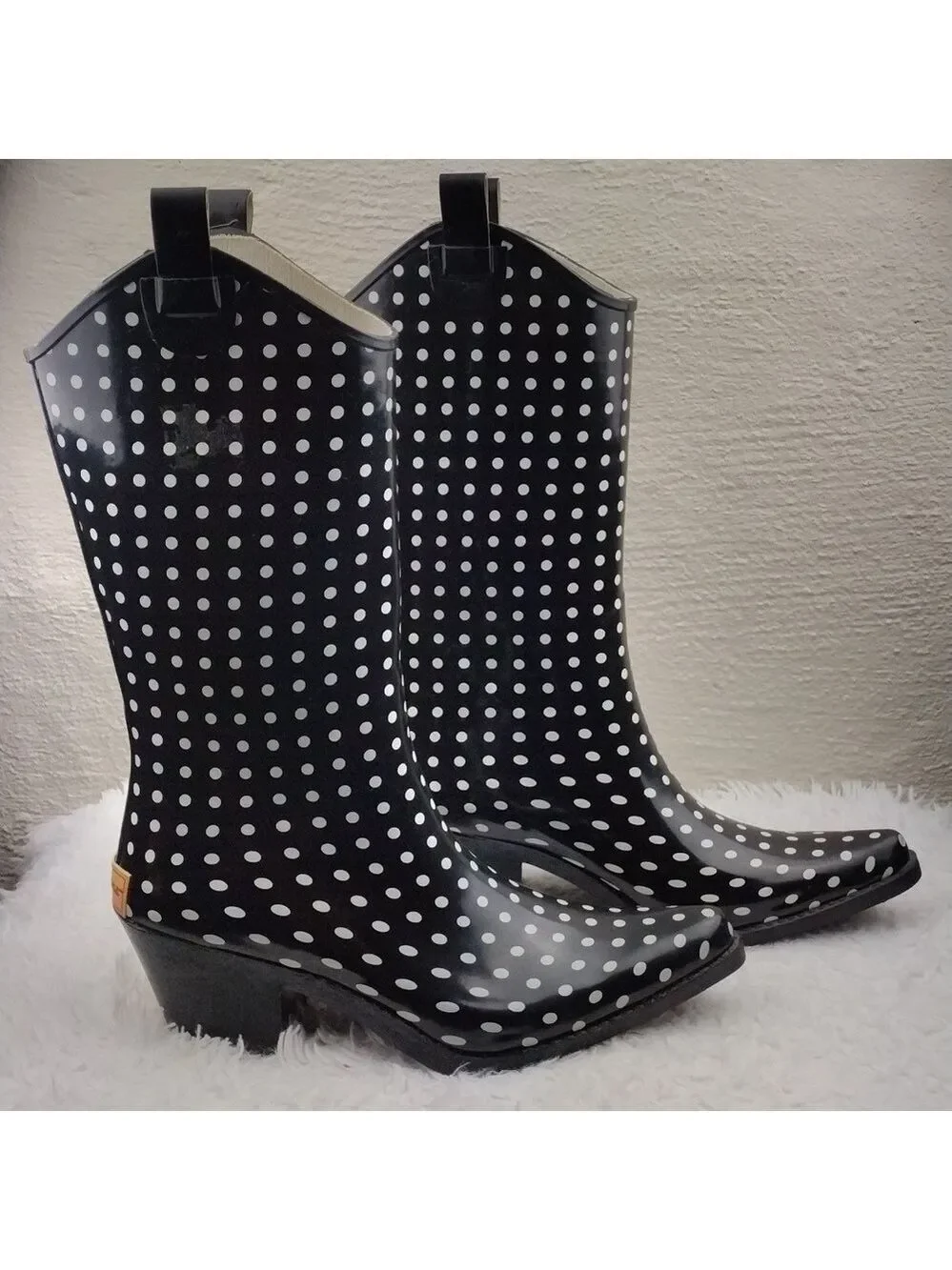 Bit & Bridle Black White Polka Dot Pointed Toe Heeled Western Style Rain Boot